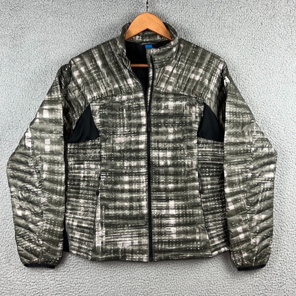 Eddie Bauer Jacket Woman's L Grey Camo First Ascent Storm Down 800 Puffer